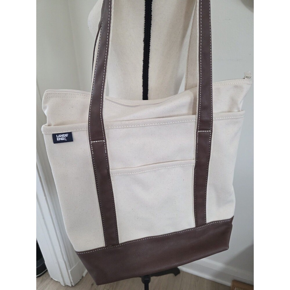 Vintage VhtF LANDS END Canvas Boat Tote Bag Ivory&VeganBrown XLarge 17x13 EUC